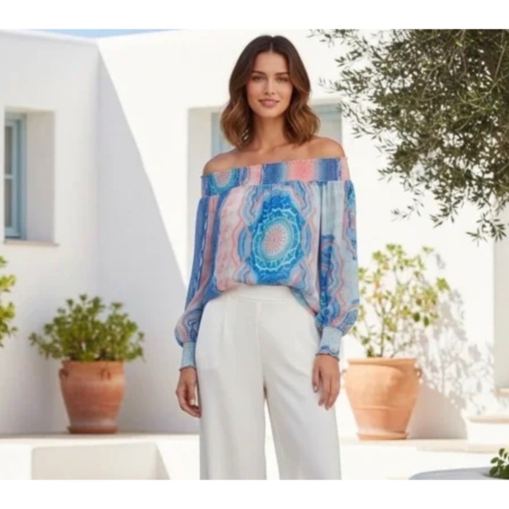 Ramy Brook Printed Augustine Off Shoulder Smocked Blouse Blue Red XS/S C1117208‎